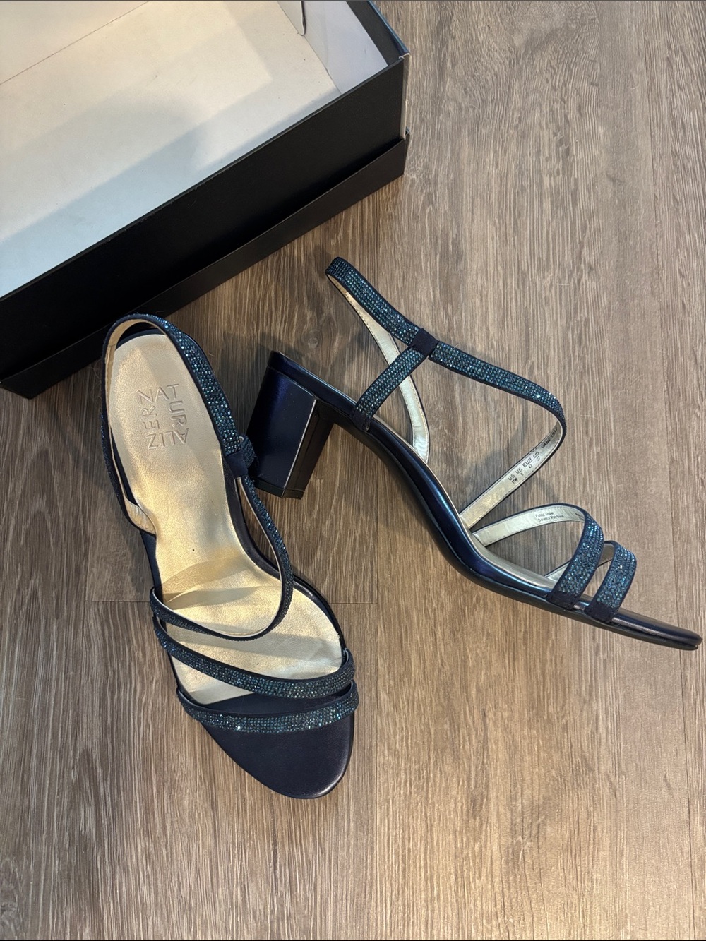 Naturalizer Navy Strappy Block Heel Sandals with Sparkle 11W